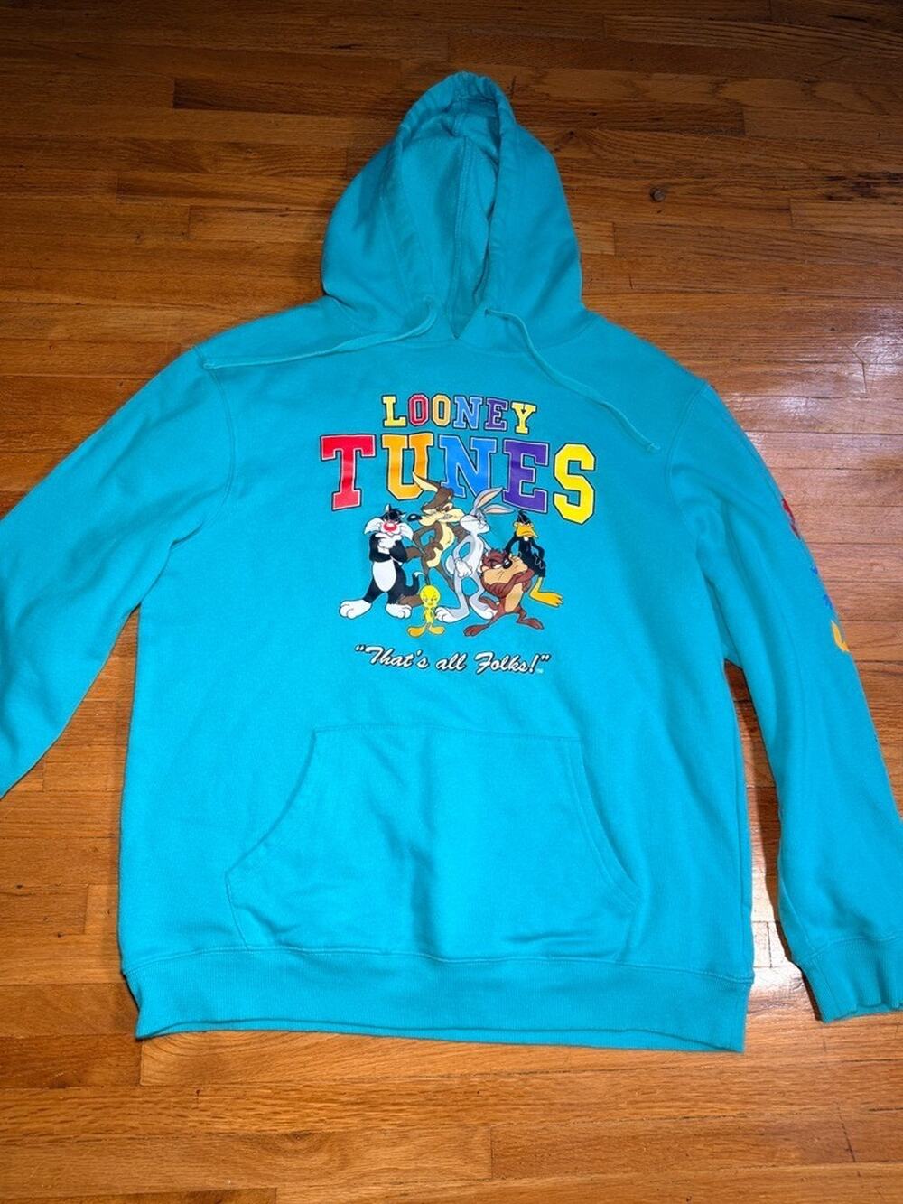 Looney Tunes Teal Hoodie Large "That's All Folks"Bugs Bunny & Daffy Duck Graphic